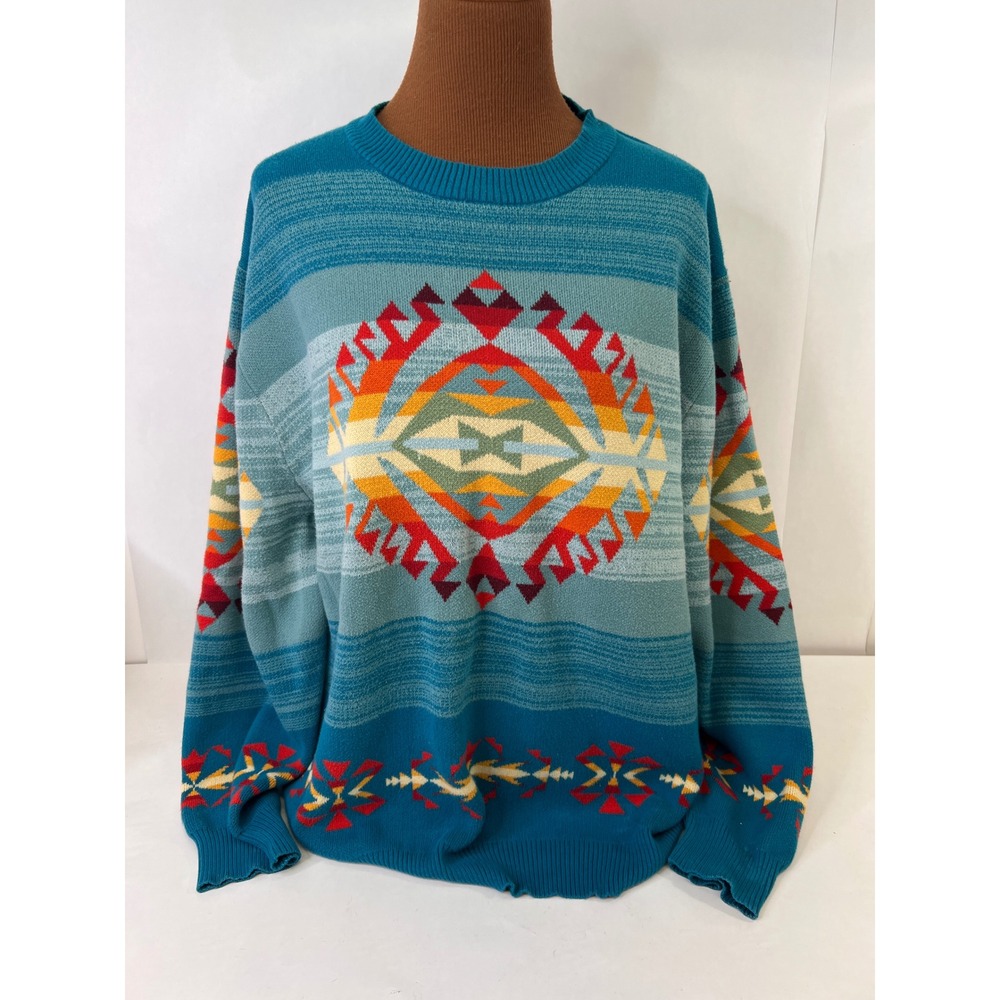 Pendleton Mens XXL Cotton Southwestern Geometric Intarsia Crewneck Sweater Teal